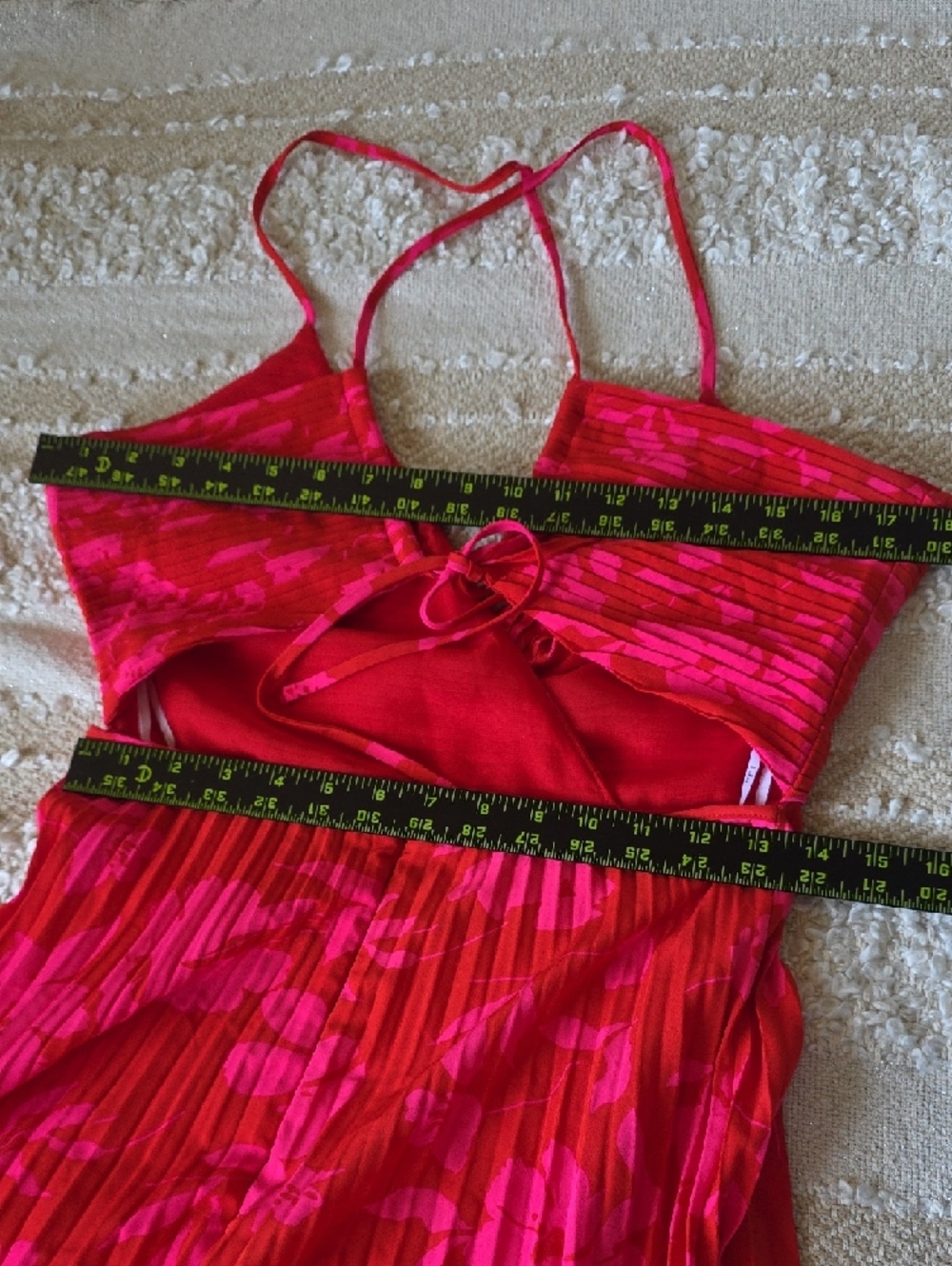 Lulu's Vibrant Lace Zip Red & Pink Floral Pleated Midi Dress Medium - Picture 6 of 8